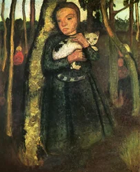 Meisje met kat in een berkenbos